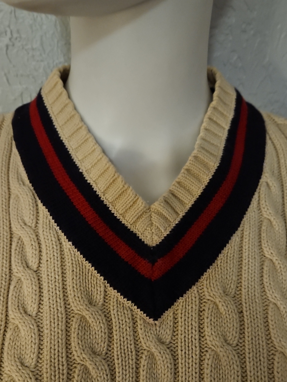 Vtg LAND'S END 1980s Cable-Knit V-Neck Varsity Academia Sweater Vest - Picture 5 of 9